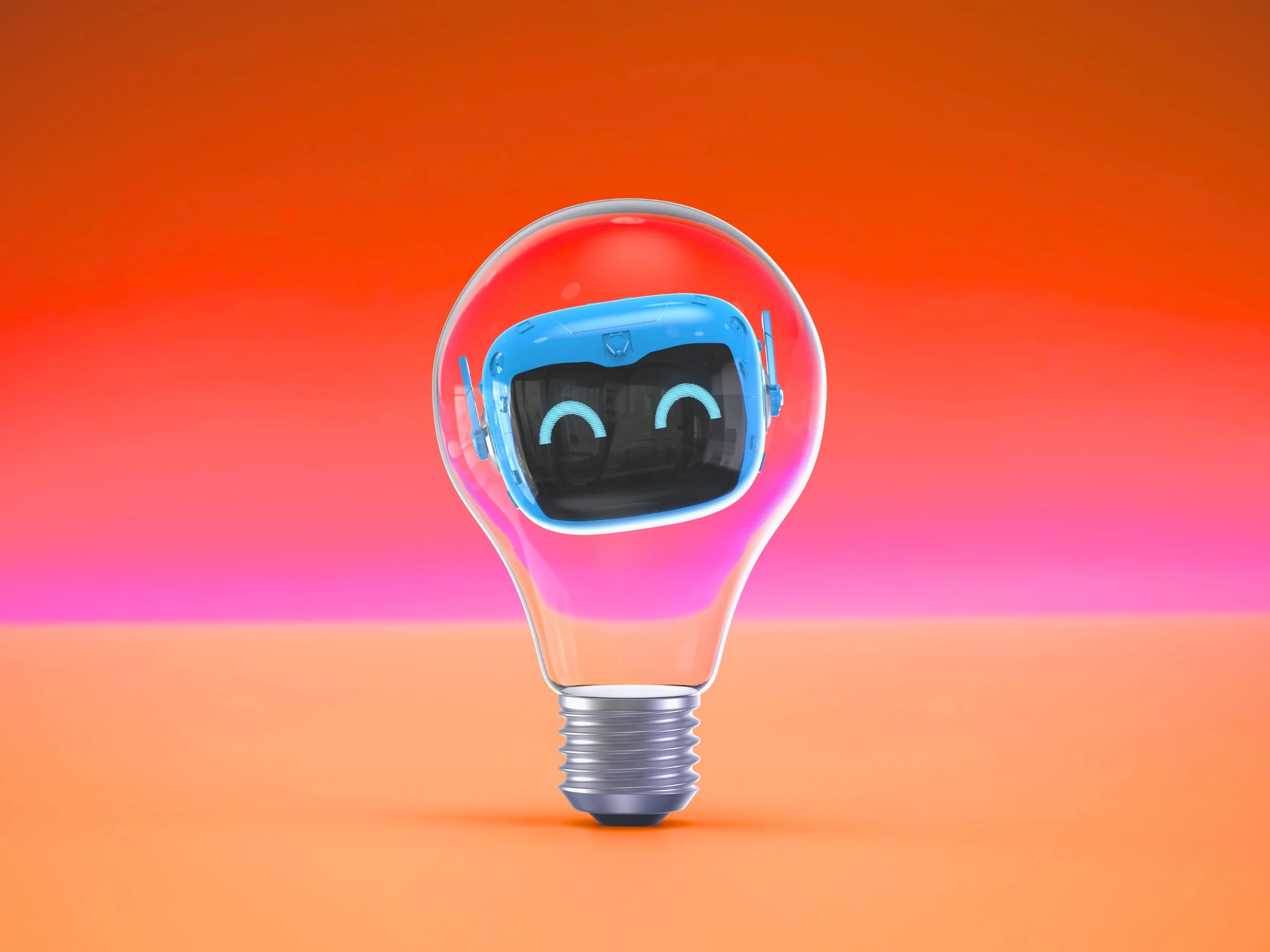 A 3D-rendered light bulb with a cute, smiling robot face inside, set against a vibrant orange-to-pink gradient background.