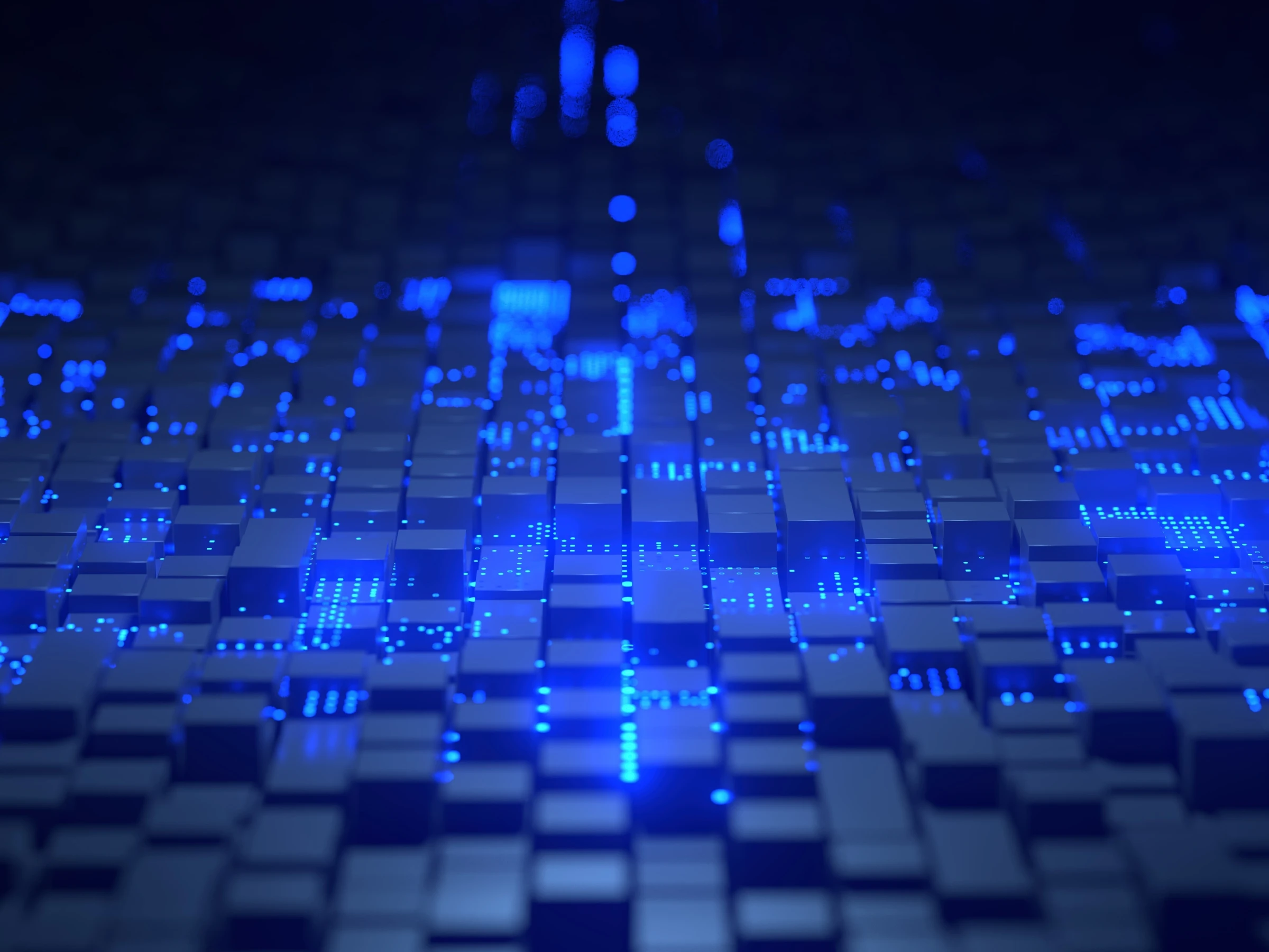Abstract 3D rendering of dark cubes with glowing blue digital lights representing data or technology.