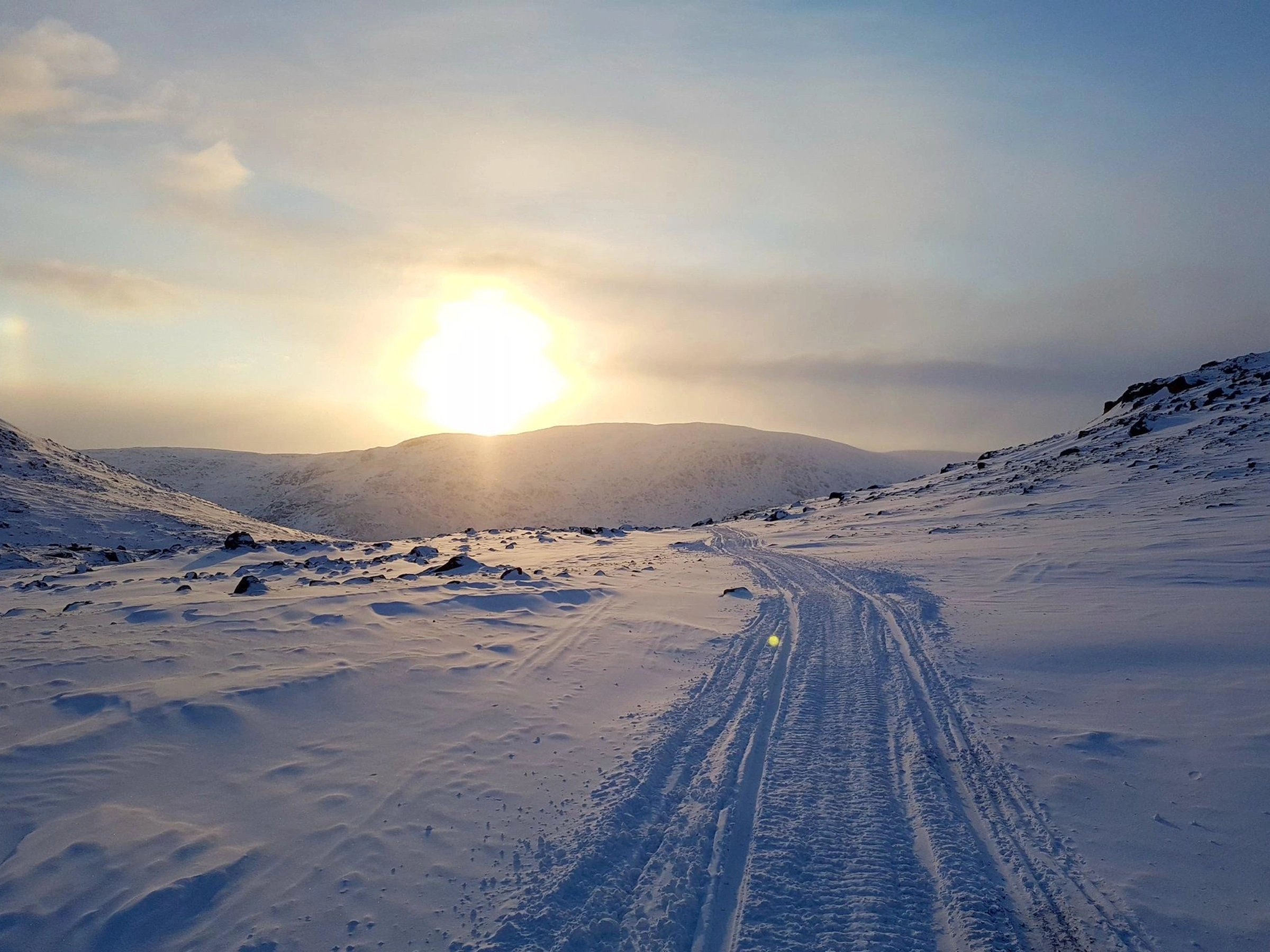 Photo of a snowmobile trail along the Iqaluit-Kimmirut trail.
