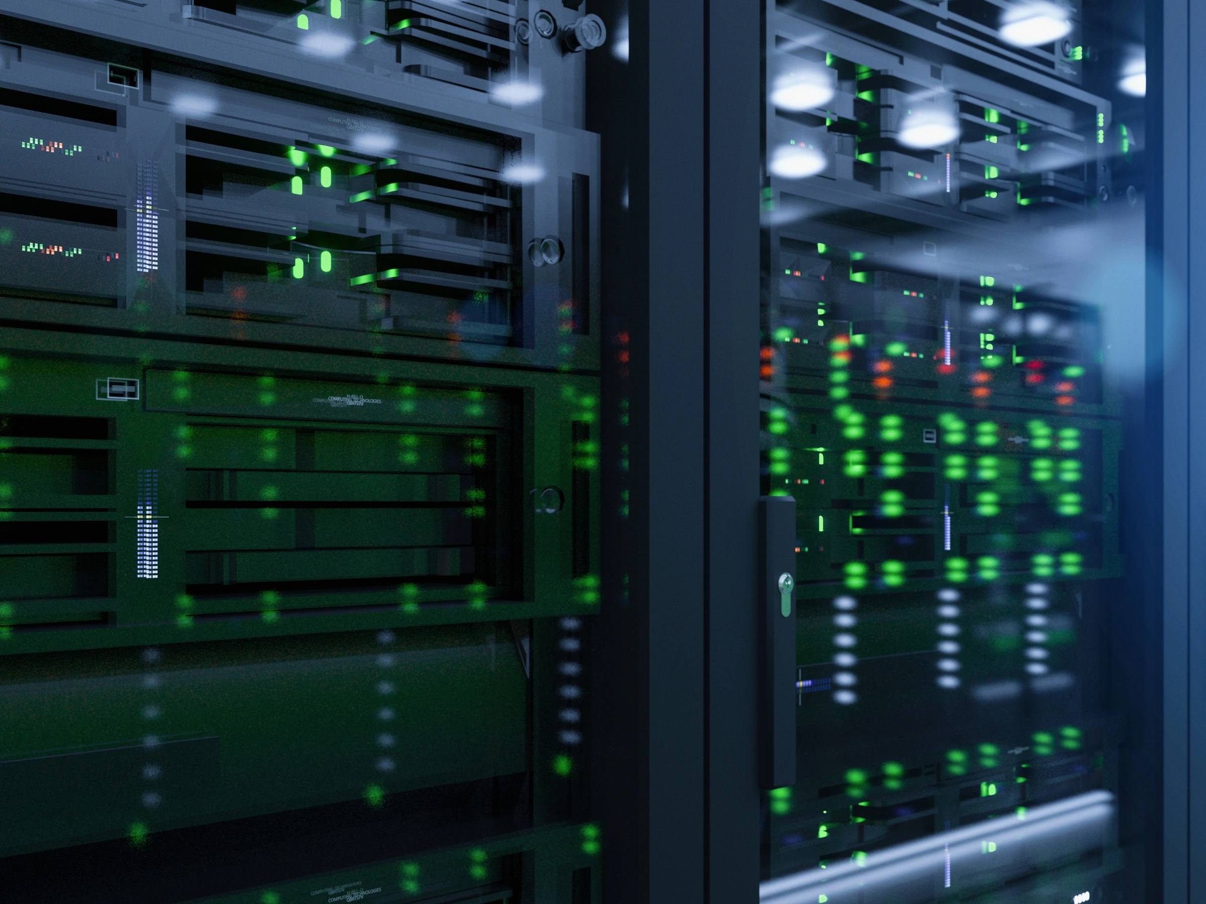 Photos of servers and computers in a data center.